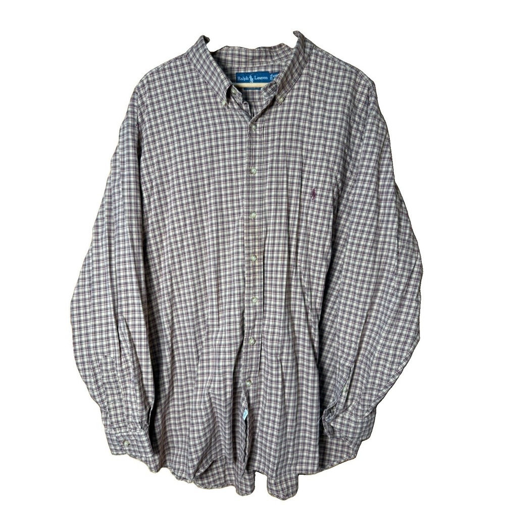 Polo Ralph Lauren Classic Fit 4XB Khaki Plaid Button Shirt‎ Big Tall Cotton EUC